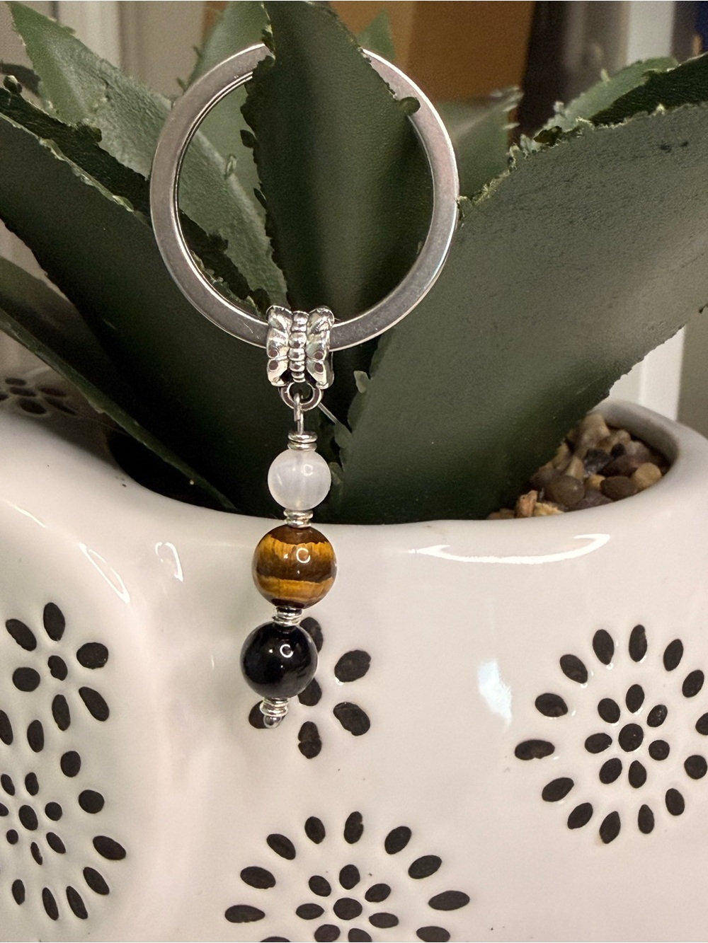 Hand Crafted Tiger Eye, Black Onyx & Selenite Beaded Keychain Stainless Steel